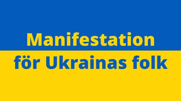 Ukrainas flagga med texten, Manifestation för Ukrainas folk