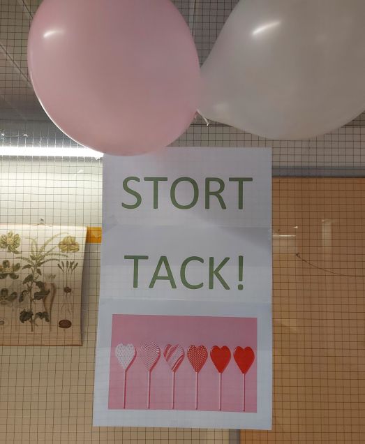 Bild på två ballonger och en lapp med där det står Stort tack. Foto: Anna Berglund.
