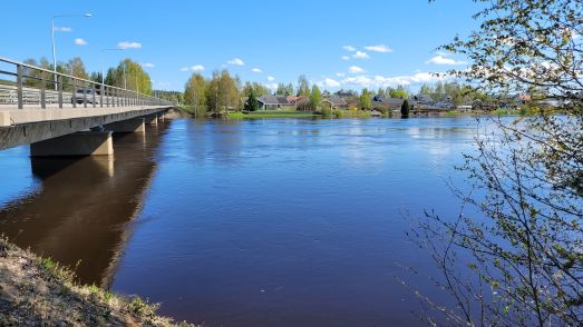 Högt vatten i Piteälven, bron över älven och Norrabyn.