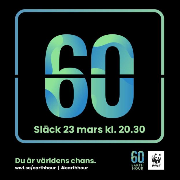 Syntolkning: Svart bakgrund med en tunn grönblå ram och texten; ”60 minuter, Earth Hour, Släck 23 mars klockan 20.30. Du är världens chans