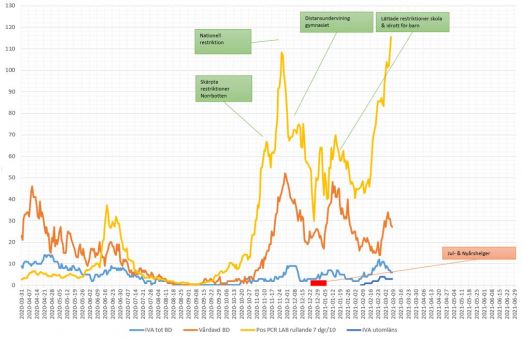 Antal covidsmittade (gul linje) och inlagda på sjukhus (orange = vårdavd, blå = IVA). Från mars 2020 till mars 2021.