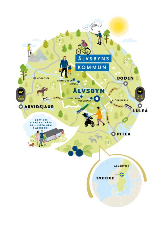 Karta över Älvsbyn och avstånd mellan olika orter.