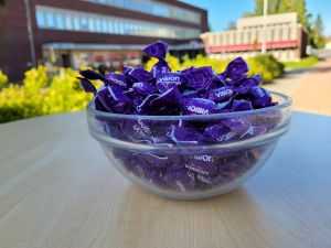 Bild på en skål fylld med godis som det står Vision på.