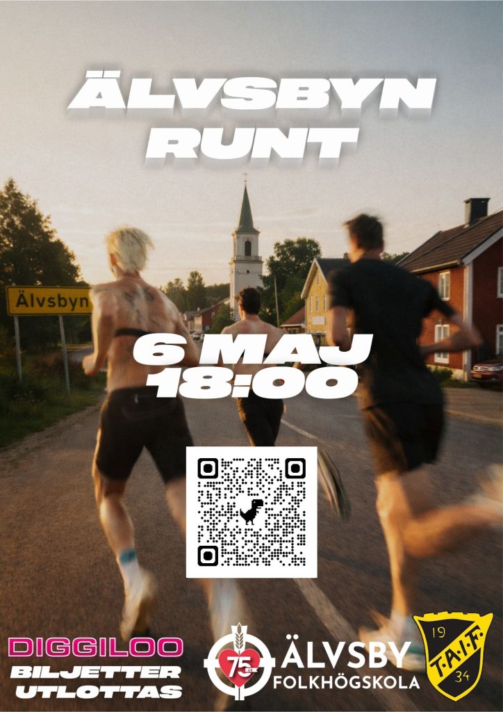 Bilden visar personer som joggar i Älvsbyn med texten älvsbyn runt sjätte maj och en QRkod