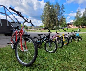 Bild på flertalet barncyklar uppradade på en gräsmatta.