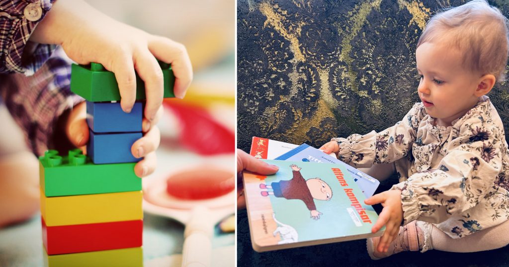 Bilden visar ett barn som tittar på böcker och ett barn som bygger med legoklossar.
