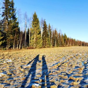 Bilden visar två personers skugga som står på en frostnupen äng.