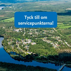 Bilden visar en flygbild över Vidsel. På bilden ligger det en blå platta där det står tyck till om servicepunkterna.