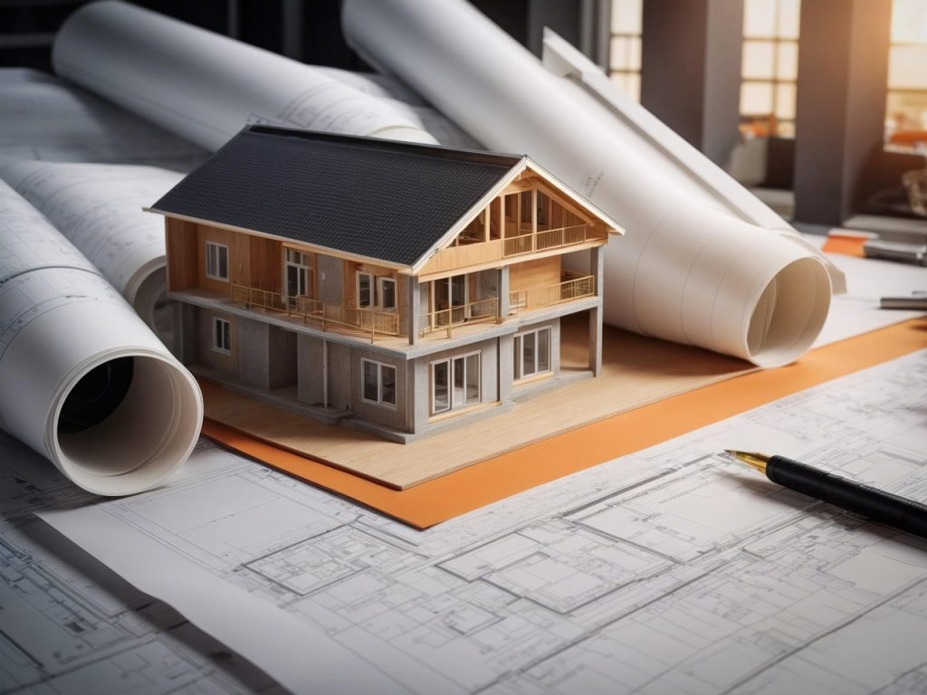 Bild på ett litet minihus och flertalet byggritningar.