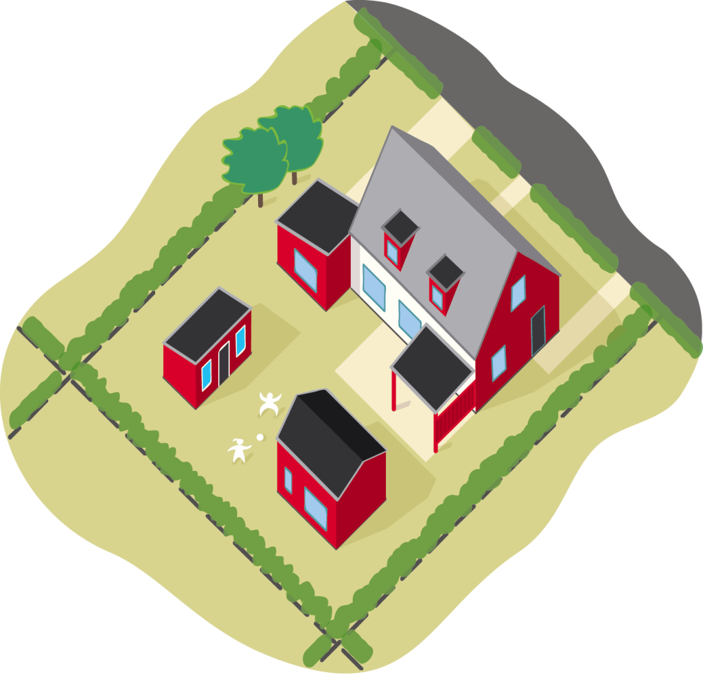 Bilden visar ett småhus där man ser tomt och fastighet uppifrån.