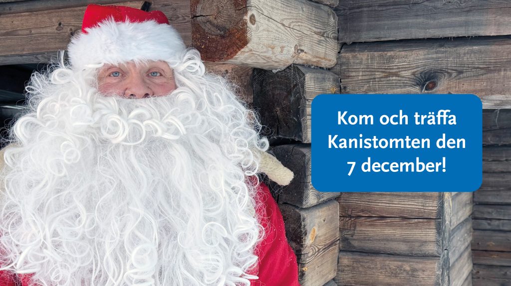 Kanistomten med skägg och röd luva står vid en timring.