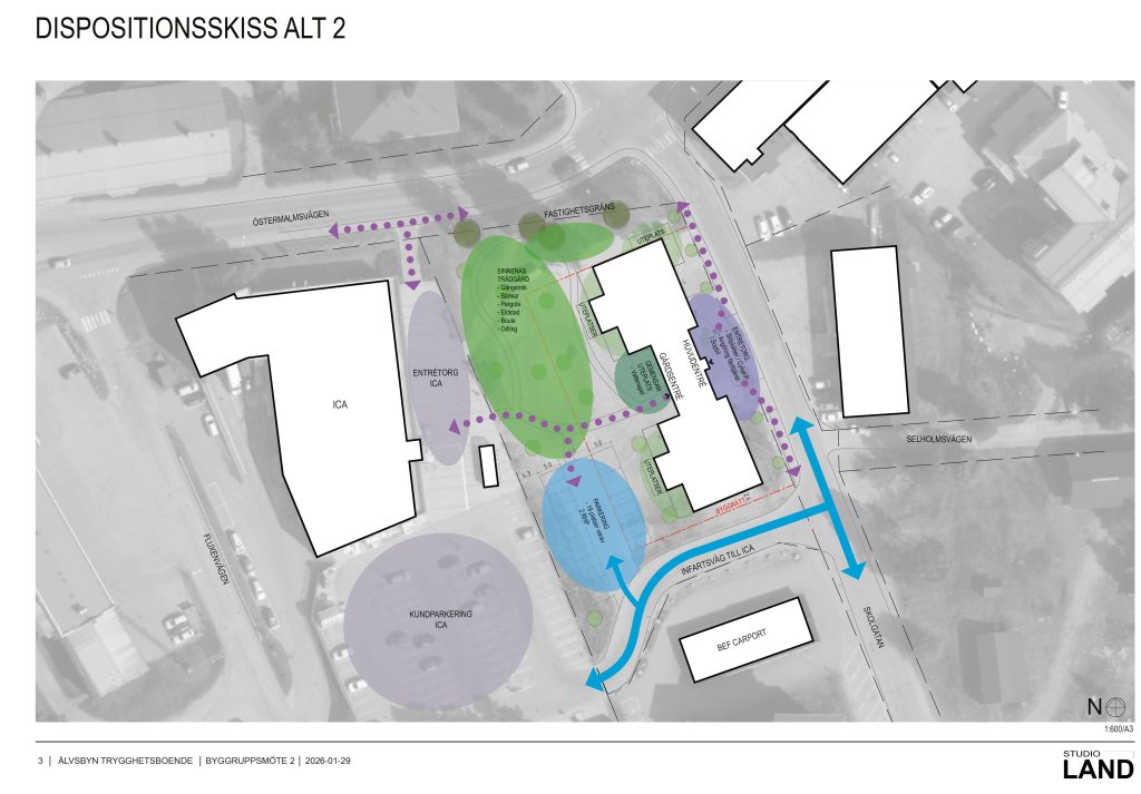 En skiss på hur byggnaden kan komma att placeras på tomten.