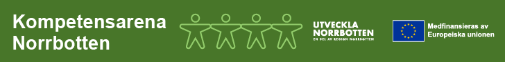 Bilden visar en grön banderoll med fyra former av personer, för projektet "Kompetensarena norrbotten"