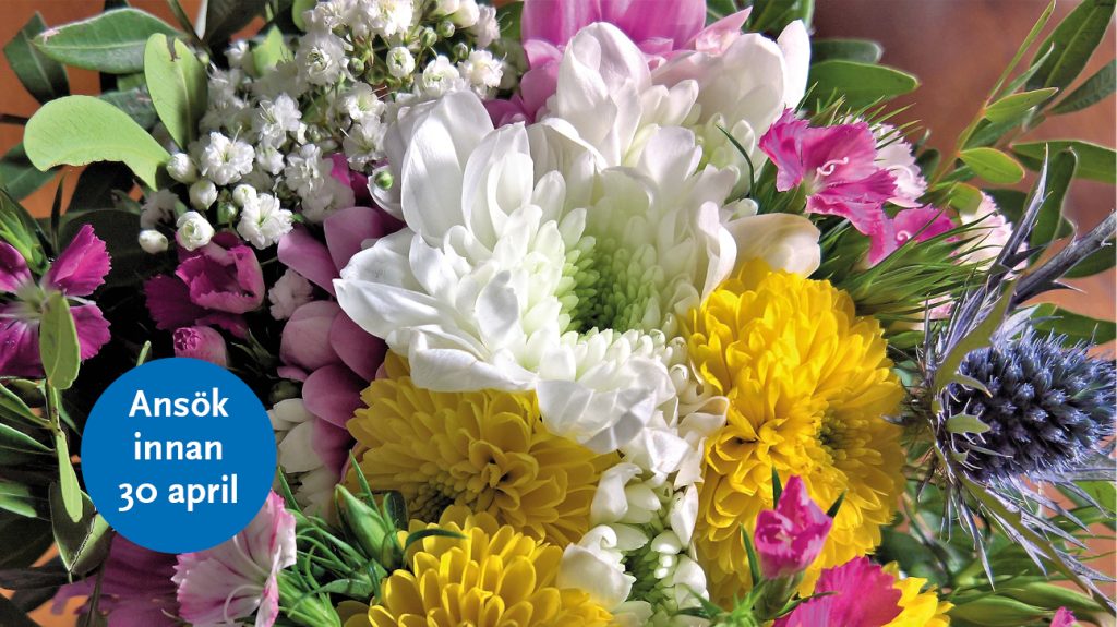 Bilden visar en blombukett med blandade blommor i olika färger och en blå cirkel med texten Ansök innan 30 april