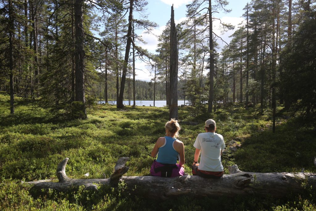 Två människor som sitter på ett nedfallet träd och ser ut över den vackra naturen.