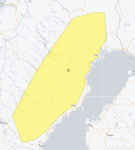 Bilden visar en karta över dela av norra Norrland. En del av östra kartan är gulmarkerad.