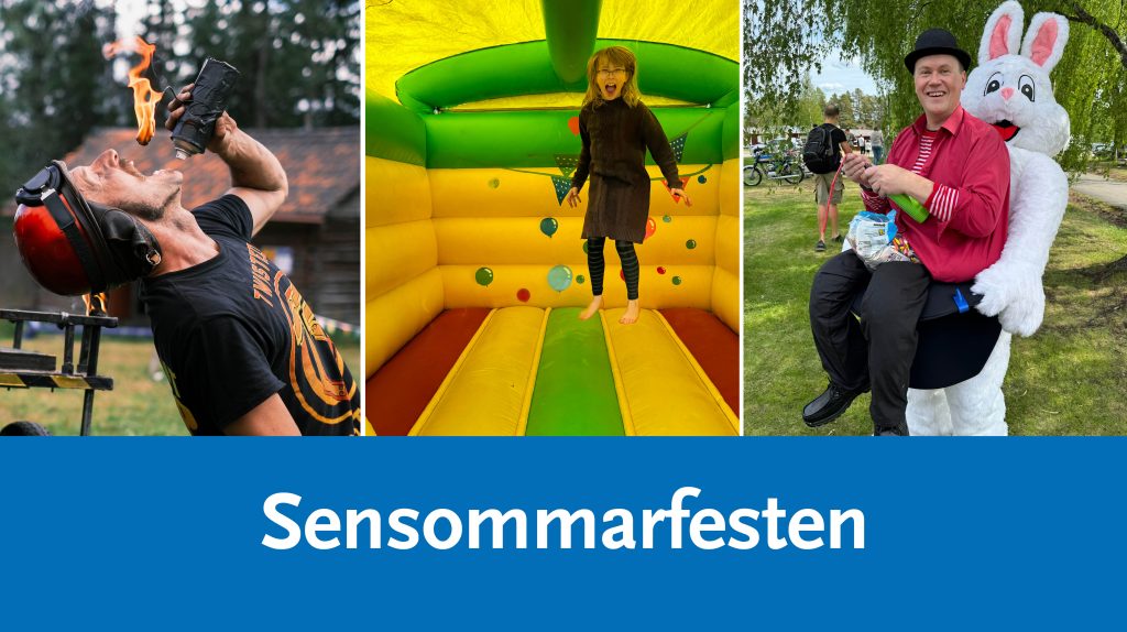 En person som slukar eld, ett barn som hoppar i en hoppborg och JohnTrix med sina ballongdjur.
